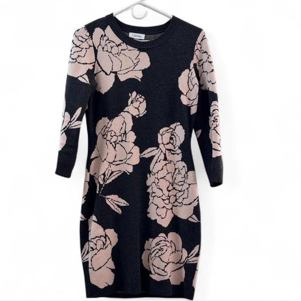 Calvin Klein Black and Pink Floral Long Sleeve Dress